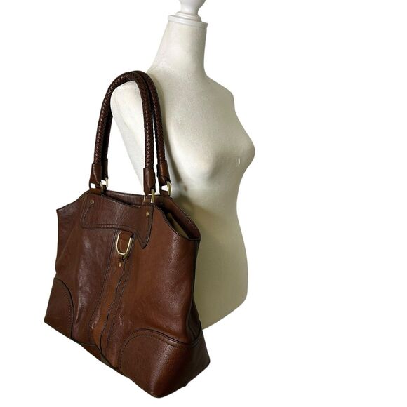 Cole Haan Leather Tote Bag Box Tote Chestnut Saddle II Bag Braided Handles 19" - Picture 2 of 16